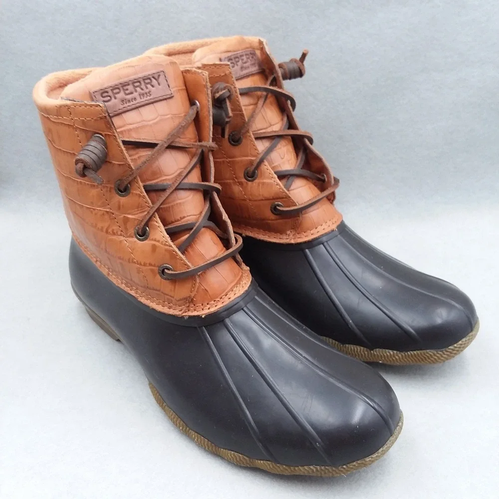 Sperry Saltwater Croc Embossed Duck‎ Boots Women's 10 Brown Leather Waterproof